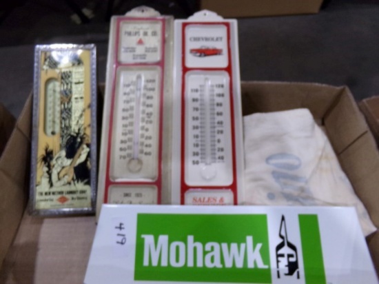 THREE THERMOMETERS PHILLIPS OIL AND TWO MOHAWK TIN SIGNS ETC