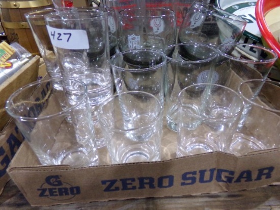 BOX LOT BEER GLASSES INCLUDING NATIONAL BO AND NFL GLASSES INCLUDING BALTIM