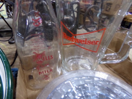 BOX WITH BUDWEISER PITCHER MILLS MILK BOTTLE AND MORE
