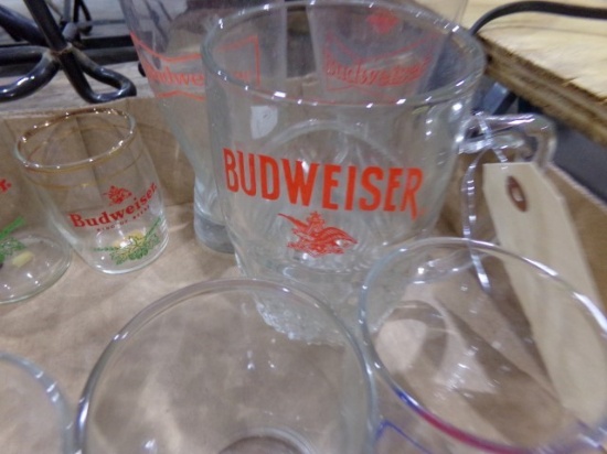 BOX OF BEER GLASSES INCLUDING BUDWEISER HAMMS BREDA ROYAL AND MORE