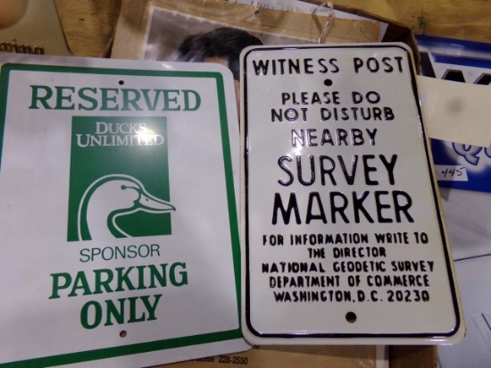BOX WITH SIGNS INCLUDING DUCKS UNLIMITED SURVEY MARKERS CAMBRIDGE CALENDARS