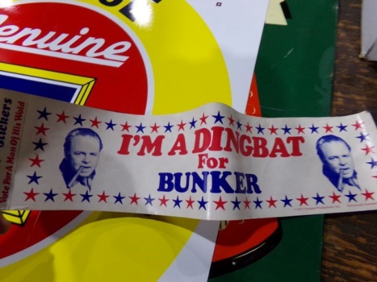 BOX WITH ARCHIE BUNKER STICKERS AND HAND SOAP DISPENSER