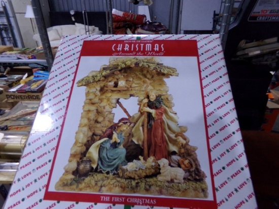 SHELF LOT INCLUDING NATIVITY SCENE CANDLE STAND AND LIGHTS