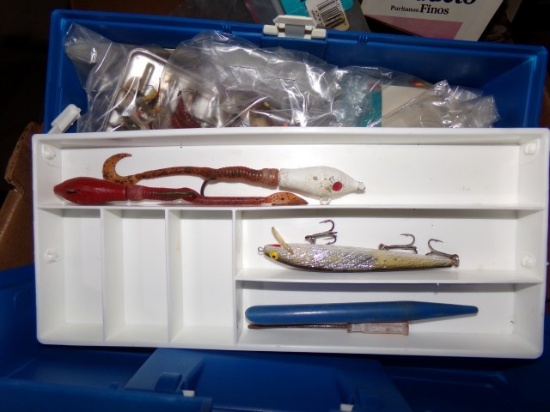 SHELF LOT INCLUDING ANCHORS FISHING TACKLE OWL DECOY AND HAND TOOLS