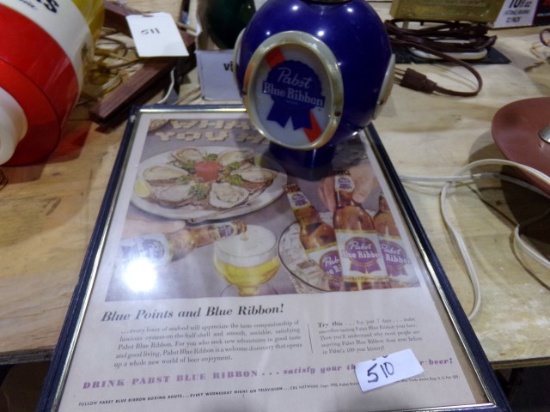 FRAMED PABST BLUE RIBBON ADVERTISING AND PABST BLUE RIBBON GLOBE