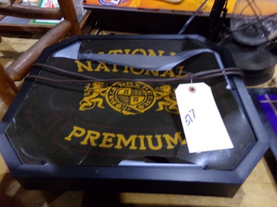 LIGHTED BUDWEISER CLOCK AND NATIONAL PREMIUM SIGN WITH DAMAGE