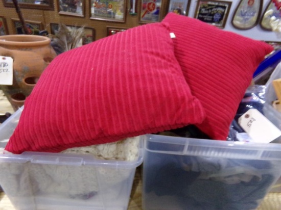 TWO TOTES WITH PILLOWS GLOVES HATS THROWS PEACOCK FEATHERS AND MORE