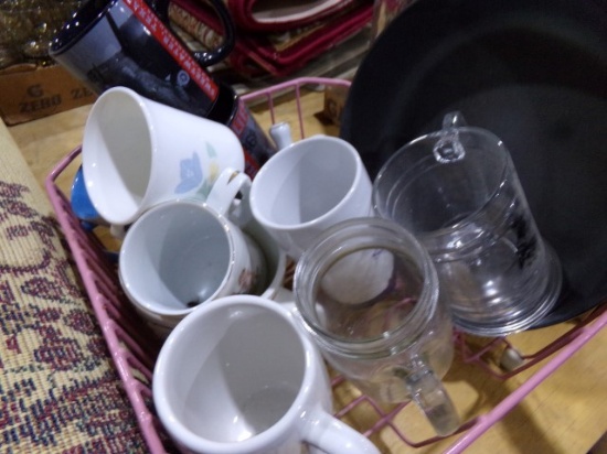 DISH RACK WITH COFFEE MUGS FRYING PAN AND MORE