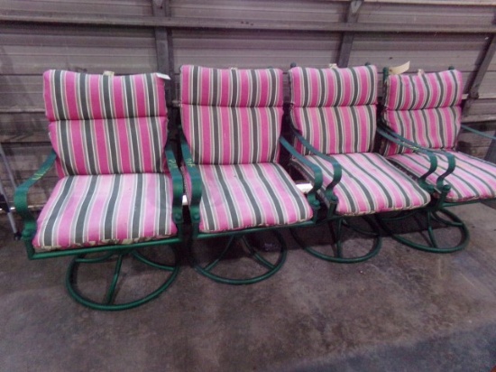 FOUR ALUM PATIO CHAIRS WITH PINK AND GREEN CUSHIONS