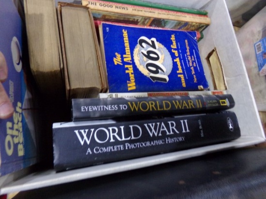 BOX OF BOOKS INCLUDING WWII 1962 WORLD ALMANAC AND MORE