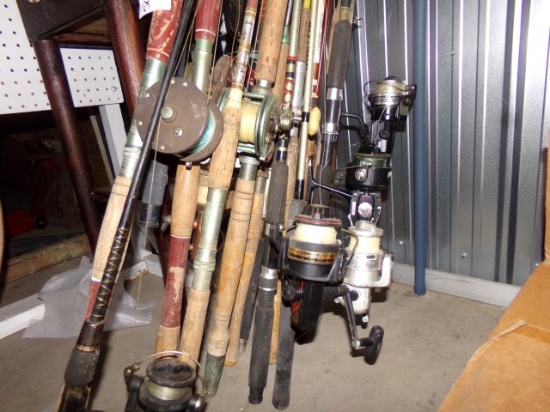 LARGE LOT OLDER FISHING RODS AND REELS APPROX 12