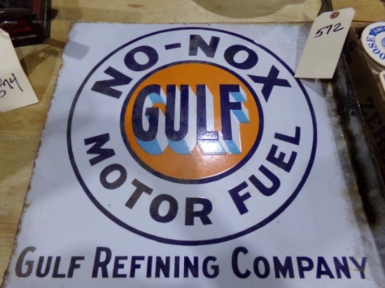 VINTAGE PORCLAIN TWO SIDED SIGN NO NOX GULF MOTOR FUL