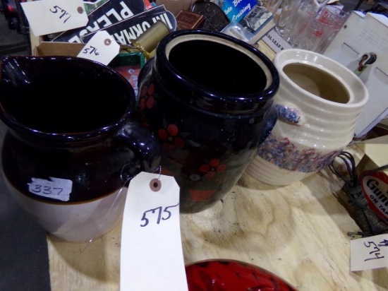 TWO COOKIE JARS AND SALT GLAZE PITCHER