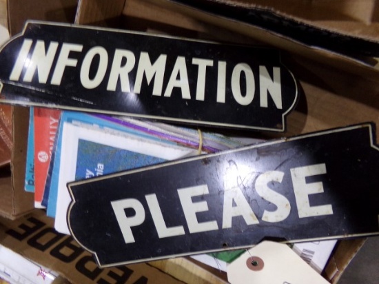 COLLECTION OF ROAD MAPS AND INFORMATION PLEASE TIN SIGNS