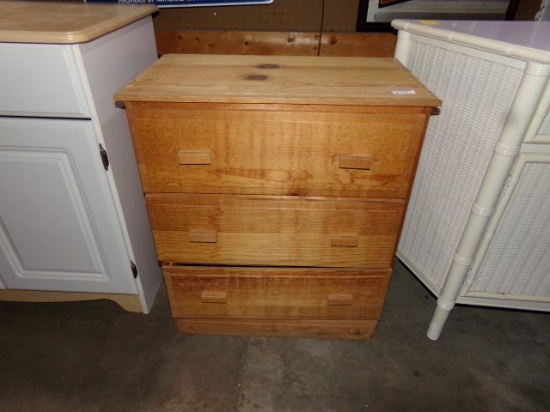THREE DRAWER KNOTTY PINE BUREAU WITH CONTENTS OF GOLF BALLS SERVING DISH AN