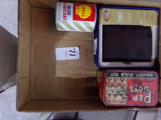 BOX LOT PEP BOYS TIN BOX AND SHELL LUBRICANT CAN AND WALLET