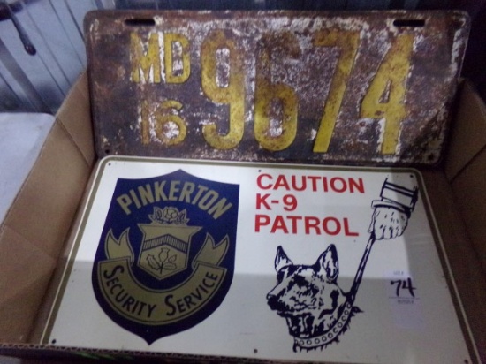 ANTIQUE MARYLAND LICENSE PLATE AND K9 PATROL LICENSE PLATE
