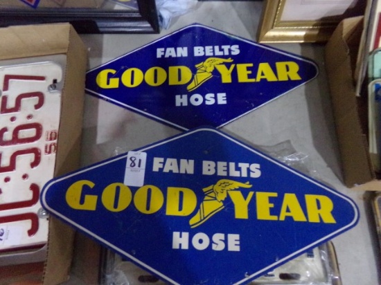 PAIR OF TIN GOOD YEAR FAN BELT AND HOSE SIGN 18 INCH