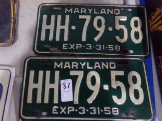 MATCHED PAIR 1958 MD LICENSE PLATES