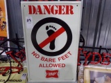 DANGER NO BARE FEET TIN SIGN MILLER BEER 16 X 10