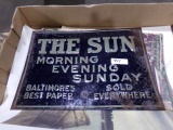 BOX LOT OLD CALENDARS AND TIN THE SUN SIGN ETC