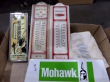 THREE THERMOMETERS PHILLIPS OIL AND TWO MOHAWK TIN SIGNS ETC