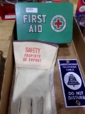 BOX WITH RED CROSS FIRST AID KIT SAFETY GLOVES AND PORCELAIN TELEPHONE CABL