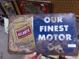 VINTAGE TIN SIGN ATLANTIC OUR FINEST MOTOR OIL DOUBLE SIDED ROUGH CONDITION