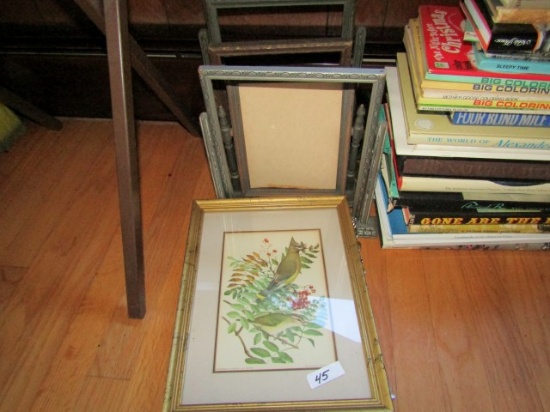 LITHOGRAPH OF CARDINAL AND LOT OF FREE STANDING PICTURE FRAMES