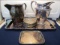 SILVER PLATE PITCHERS TRAYS AND WINE COASTERS