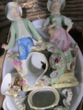 BOX WITH FRENCH FIGURINES AND HAND PAINTED PORCELAIN