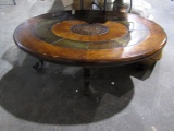 WROUGHT IRON OVAL SHAPED COFFEE TABLE WITH NATURAL WOOD TOP APPROX 48 X 28