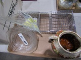 BOX LOT WITH CLEAR GLASS DECORATIVES PITCHER AND BASKETS