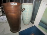 PAIR OF LARGE VASES ONE COPPER AND ONE HAND PAINTED PORCELAIN 15 INCH TALL