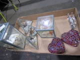 BOX LOT OF SEASHELL DECORATIVES CUT GLASS PAPERWEIGHTS AND MORE