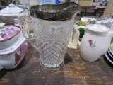 CUT GLASS PITCHER WITH SILVER PLATE TRIM