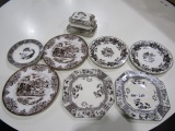 SET OF NINE PIECES BROWN AND WHITE CHINA WITH FLORAL DESIGN