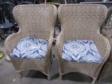 PAIR OF WICKER WING BACK ARM CHAIRS WITH BLUE AND WHITE CUSHIONS AND THREE