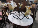 LIKE NEW WROUGHT IRON CHANDILIER 5 TULIP SHADES APPROX 28 INCH ACROSS X 25