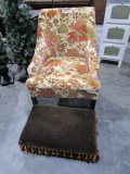CONTEMPORARY UPHOLSTERED ARM CHAIR WITH VICTORIAN STYLE FOOT STOOL
