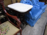 ANTIQUE MARBLE TOP END TABLE WITH CARVED LEGS