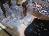 BOX LOT OF ANTIQUE BOTTLES INCLUDING WHISKEY BOTTLES BROWN BEER AND MORE