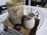 SALT GLAZED CROCK PAINTED OVER AND IRON STONE PITCHER AND ATLANTIC CITY SOU