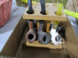 PIPE STAND WITH 4 PIPES INCLUDING BRIAR PIPE IN CASE AND MORE