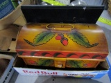 BOX LOT WITH SMALL TIN CHEST AND PHOTO OF SURFBOARDS