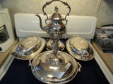 3 COVERED SERVING PCS COFFEE POT WITH WARMER SILVER PLATE