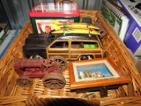 BASKET WITH IRON TOYS WOODY SURF WAGON AND CARNATION TIN