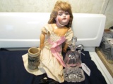 PORCELAIN ANTIQUE DOLL GERMAN MADE WITH DAMAGE BEER STEIN AND MORE