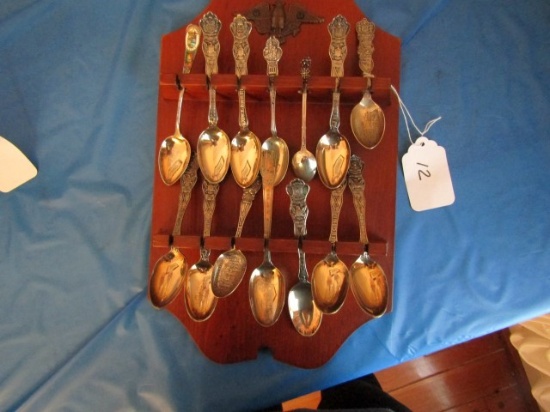 RACK OF SOUVENIR SPOONS SOME STERLING