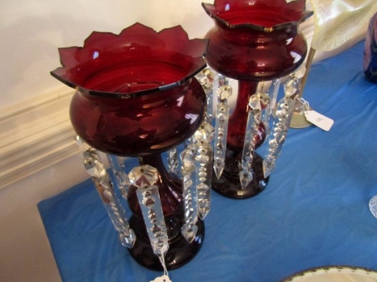 PAIR 13 INCH CRANBERRY GLASS MANTEL LUSTERS